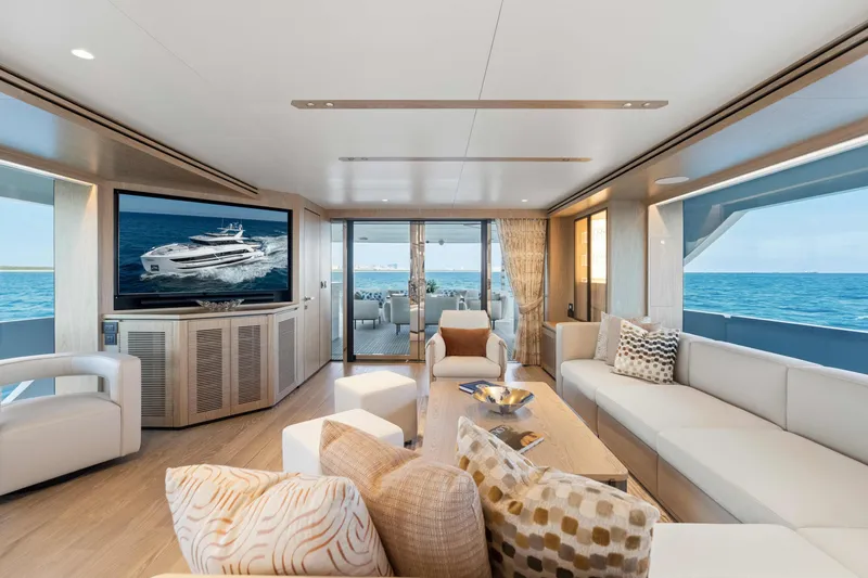 Horizon Fd100-914 / Available Flibs 2025 Yacht Photos Pics Luxurious interior of 2026 Horizon FD100 yacht with ocean view and modern decor.
