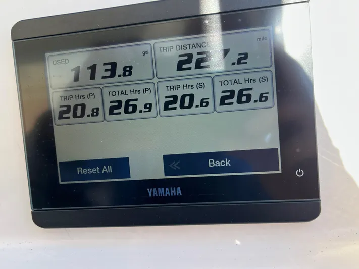  Yacht Photos Pics Yamaha display showing fuel usage and trip data for 2023 Grady-White Freedom 275 boat.