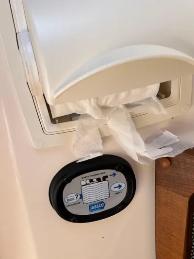  Yacht Photos Pics Grady-White Freedom 275 boat toilet paper holder and Jabsco waste tank gauge, 2023 model.
