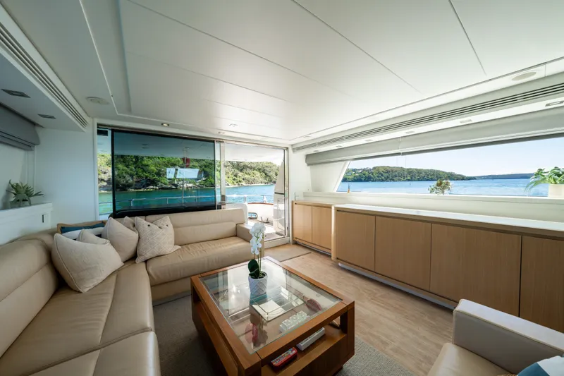 Ilyria Yacht Photos Pics Luxurious interior of 2007 Sanlorenzo SL72 yacht with scenic ocean view.