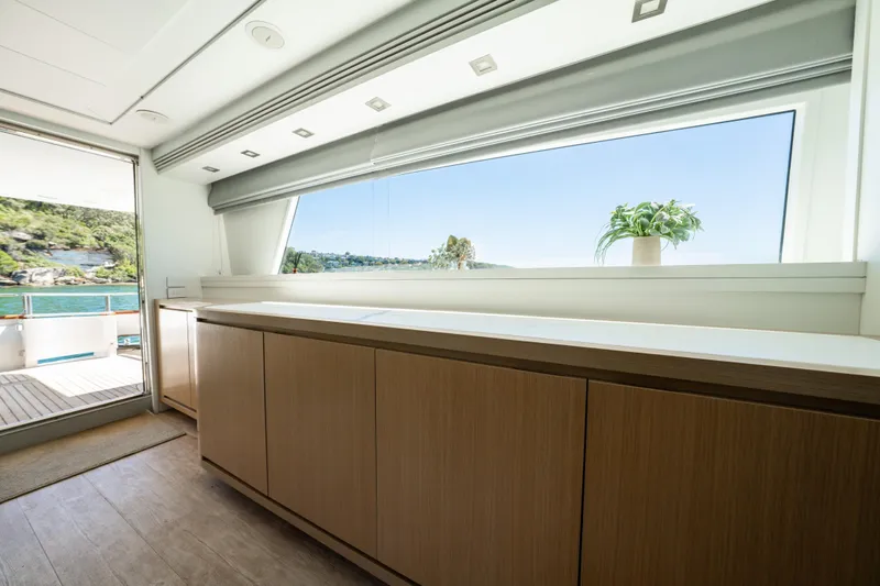 Ilyria Yacht Photos Pics Luxurious interior of 2007 Sanlorenzo SL72 yacht with scenic ocean view.