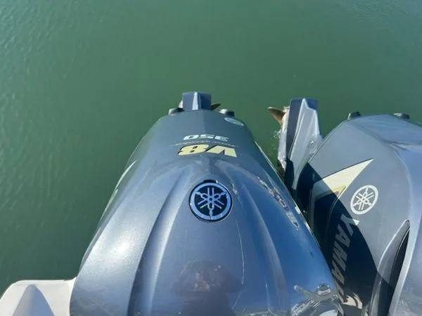  Yacht Photos Pics Twin Yamaha V8 outboard motors on a 2008 Spectre 34 boat, viewed from above.