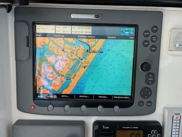  Yacht Photos Pics Raymarine navigation display on Spectre 34 boat, showing detailed coastal map, 2008 model.