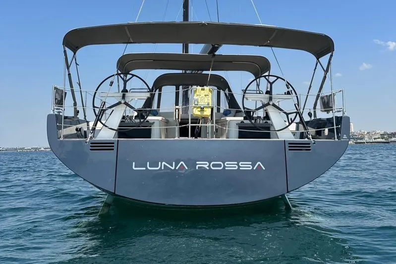 Luna Rossa Yacht Photos Pics 2023 Solaris 50 yacht "Luna Rossa" on water, rear view with dual steering wheels.