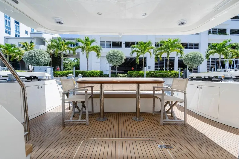 Voluptas Yacht Photos Pics Luxurious 2006 Aicon Flybridge yacht deck with seating, surrounded by tropical greenery.