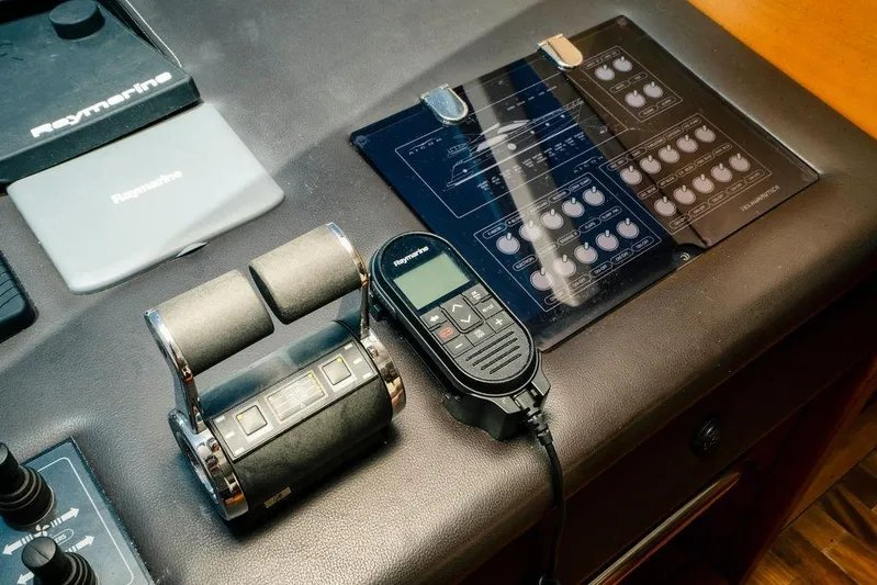 Voluptas Yacht Photos Pics Control panel of a 2006 Aicon Flybridge yacht with Raymarine equipment.