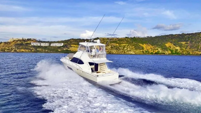  Yacht Photos Pics 2012 Riviera Convertible yacht cruising on open water with scenic coastal backdrop.