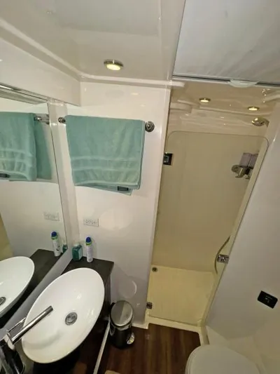  Yacht Photos Pics Modern bathroom in 2012 Riviera Convertible yacht with shower and vessel sink.