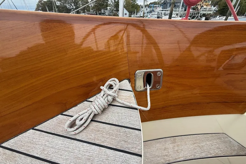 Sea Suite Yacht Photos Pics Polished wood finish on 2015 Hinckley DS 42 sailboat with coiled rope detail.