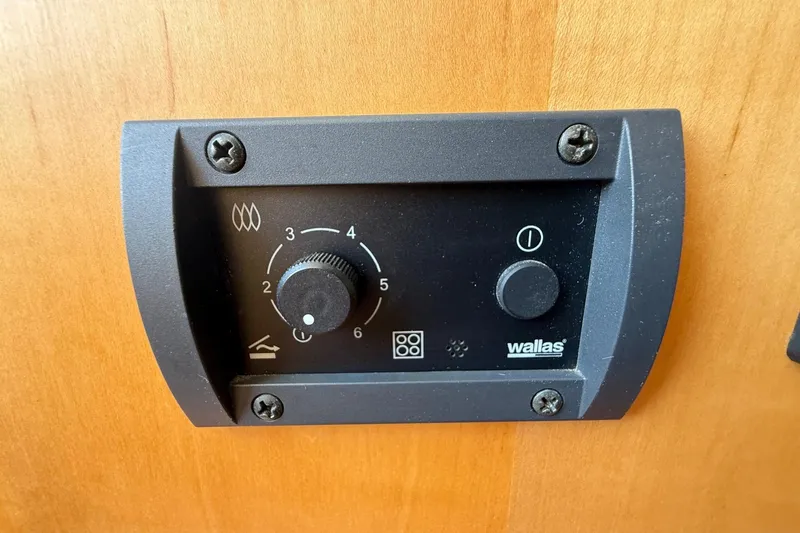 Sea Suite Yacht Photos Pics Control panel on a 2015 Hinckley DS 42 boat, featuring Wallas heater settings.