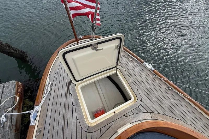 Sea Suite Yacht Photos Pics Open hatch on 2015 Hinckley DS 42 boat deck with American flag.
