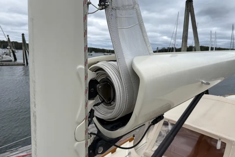 Sea Suite Yacht Photos Pics Close-up of a 2015 Hinckley DS 42 sailboat's mast and sail furling system.