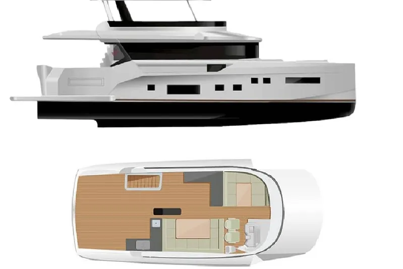  Yacht Photos Pics 2024 Sirena 68 yacht side view and interior layout illustration.