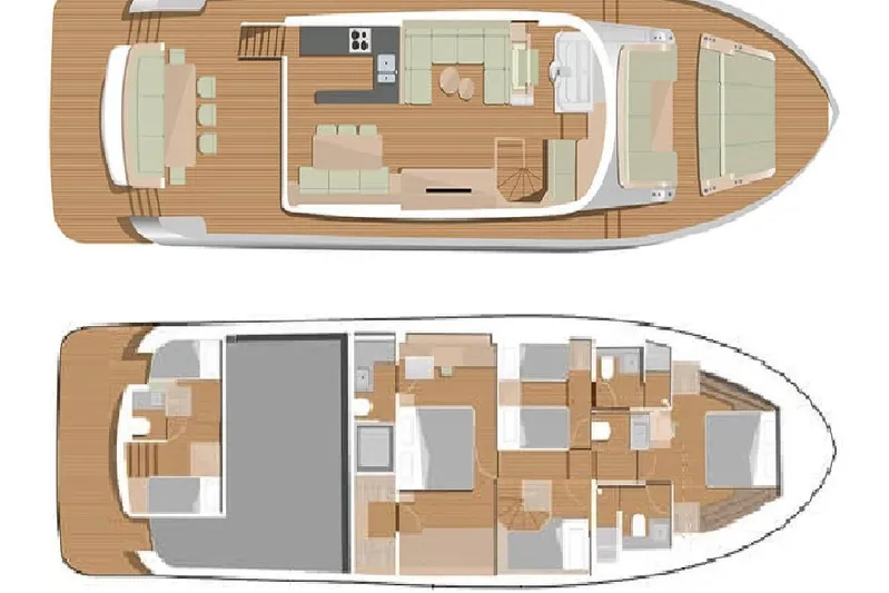  Yacht Photos Pics Floor plan of 2024 Sirena 68 yacht, showcasing interior layout and design.