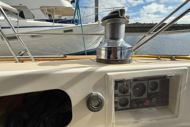 Sarah Yacht Photos Pics Cabo Rico Cutter 45 sailboat cockpit with winch and Yanmar control panel, 2000 model.