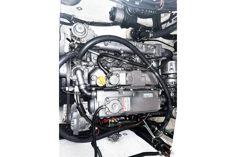 Sarah Yacht Photos Pics Engine of a 2000 Cabo Rico Cutter 45 sailboat, showcasing intricate mechanical components.