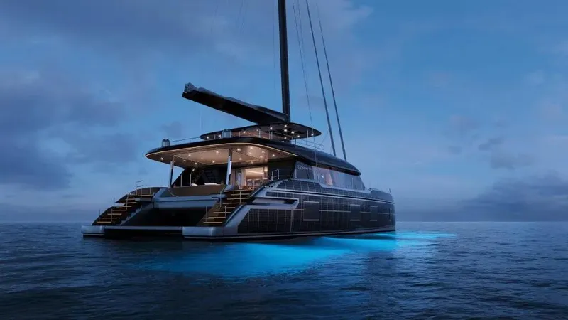  Yacht Photos Pics Luxurious 2026 Sunreef 100 yacht illuminated on calm ocean at dusk.