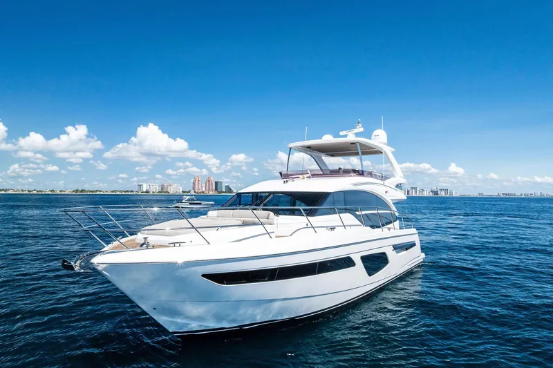 Salty Cowboy Yacht Photos Pics Luxury 2022 Princess 55 Flybridge yacht cruising on open water under clear blue skies.