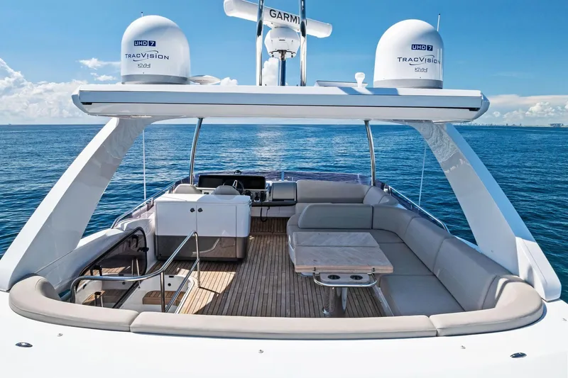 Salty Cowboy Yacht Photos Pics Luxurious 2022 Princess 55 Flybridge yacht with spacious seating and ocean view.