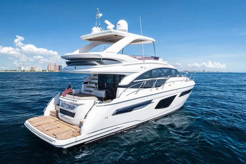 Salty Cowboy Yacht Photos Pics Luxury 2022 Princess 55 Flybridge yacht cruising on open sea under clear blue sky.