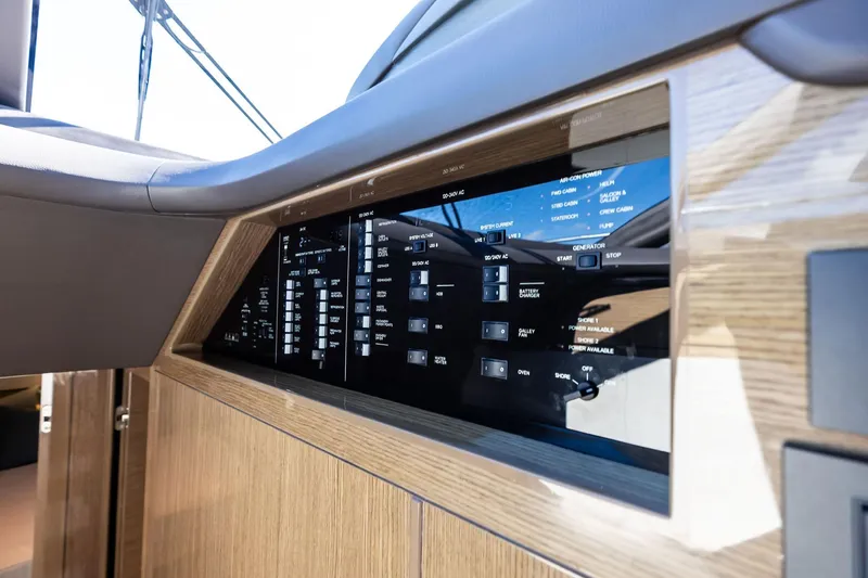 Salty Cowboy Yacht Photos Pics Control panel of 2022 Princess 55 Flybridge yacht, featuring modern navigation and system controls.