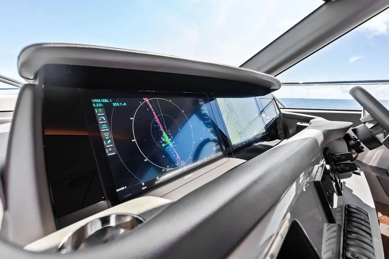 Salty Cowboy Yacht Photos Pics Helm of 2022 Princess 55 Flybridge yacht with advanced navigation display.