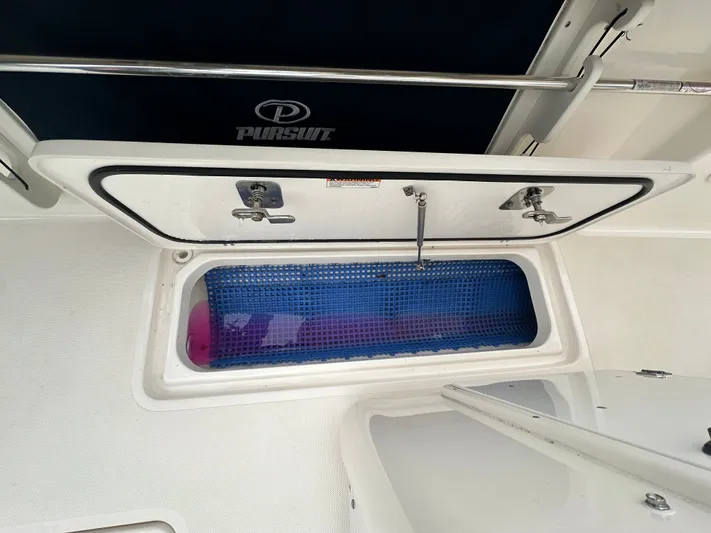 The Bounty Yacht Photos Pics Pursuit S 280 Center Console 2017, open storage compartment with blue mat.