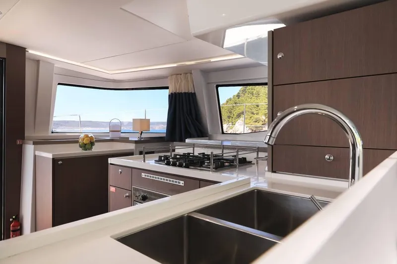 Blureverie Yacht Photos Pics Modern kitchen interior on 2021 Bali 4.8 yacht with ocean view.