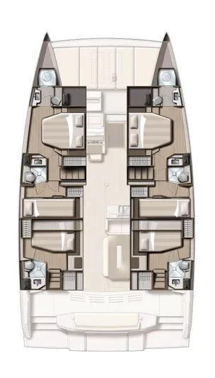 Blureverie Yacht Photos Pics Floor plan of a 2021 Bali 4.8 catamaran, featuring multiple cabins and bathrooms.