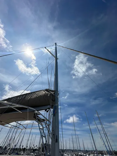 Blureverie Yacht Photos Pics Sailboat mast under a bright blue sky, Bali 4.8 model, 2021.