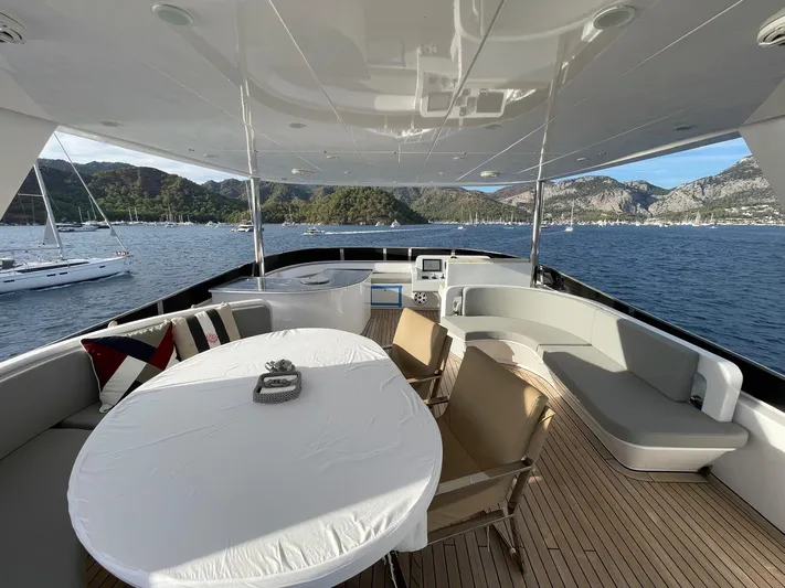 Tmr Yacht Photos Pics Luxurious yacht deck with seating, table, and scenic ocean view, Custom 84 model, 2018.