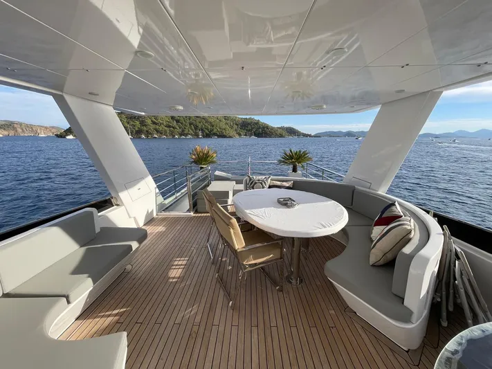 Tmr Yacht Photos Pics Luxurious yacht deck with seating, table, and ocean view, Custom 84 model, 2018.