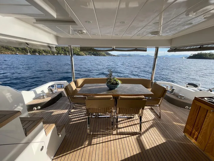 Tmr Yacht Photos Pics Luxurious yacht deck with dining area overlooking serene ocean view, Custom 84 model, 2018.