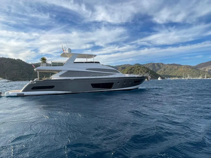 Tmr Yacht Photos Pics Luxurious 2018 Custom 84 yacht cruising on a scenic blue ocean with mountainous backdrop.