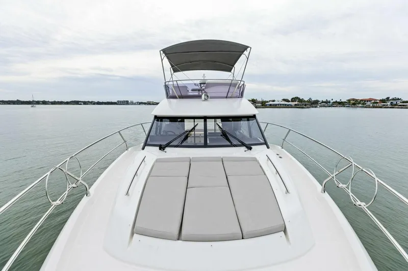So Fly Yacht Photos Pics 2022 Prestige 420 yacht on calm water, featuring spacious deck and sleek design.