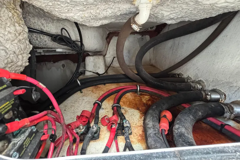  Yacht Photos Pics Engine compartment of 2018 Sea Hunt Gamefish 30, showing wiring and hoses.