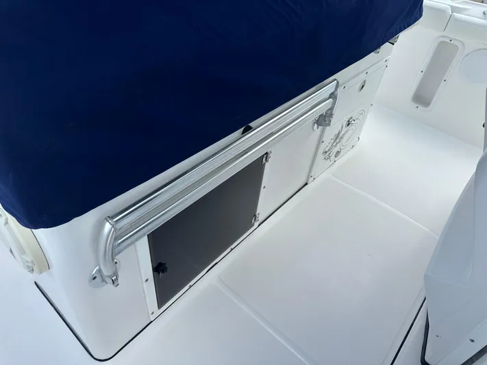 Perfection Yacht Photos Pics Edgewater 370 CC 2020 boat interior with blue cover and storage compartment.