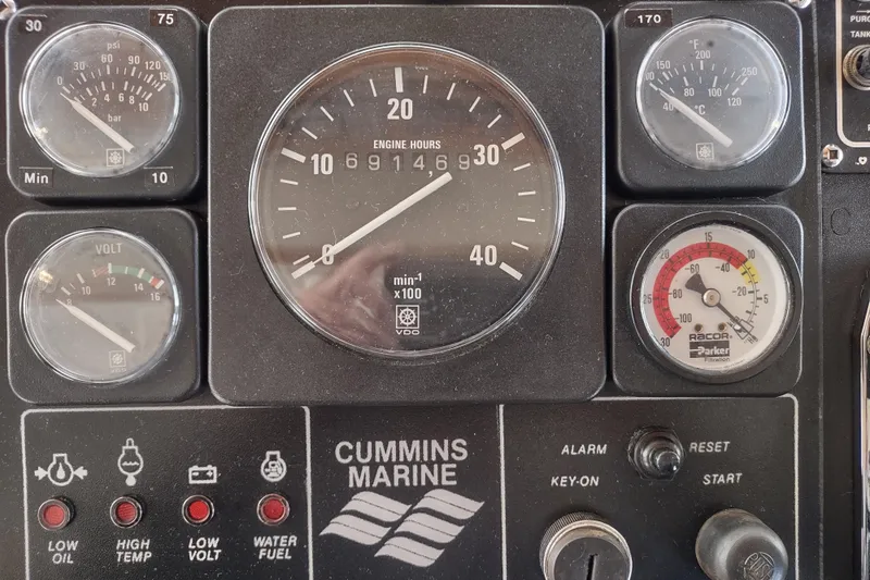 Green Goose Yacht Photos Pics Instrument panel of a 1998 Nordic Tug 42 with Cummins Marine gauges.