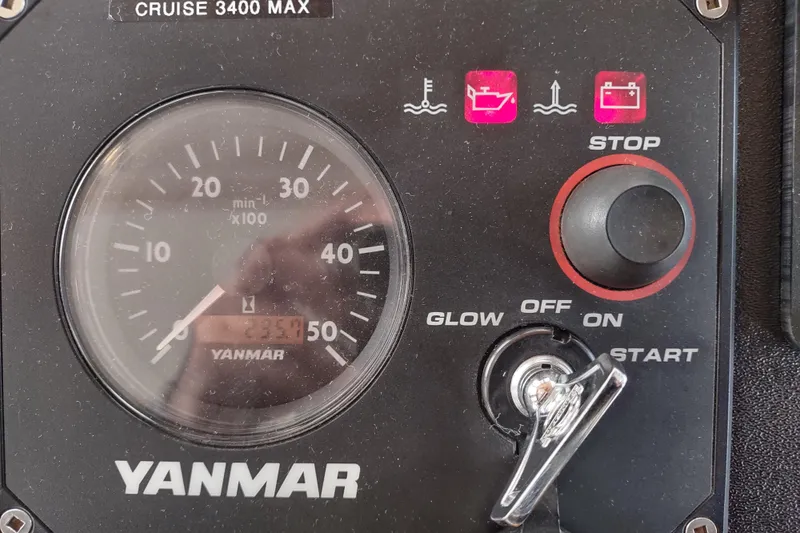 Green Goose Yacht Photos Pics Yanmar engine control panel on 1998 Nordic Tug 42, showing RPM gauge and ignition switch.