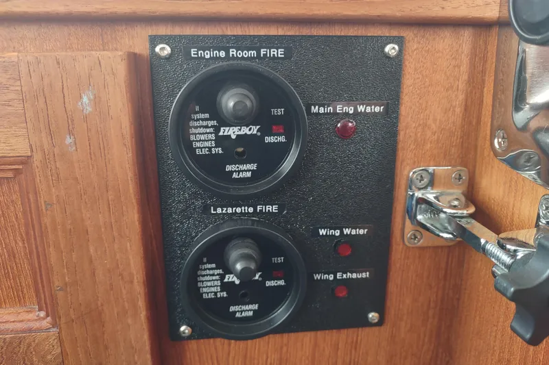 Green Goose Yacht Photos Pics Control panel on a 1998 Nordic Tug 42, featuring fire safety indicators.