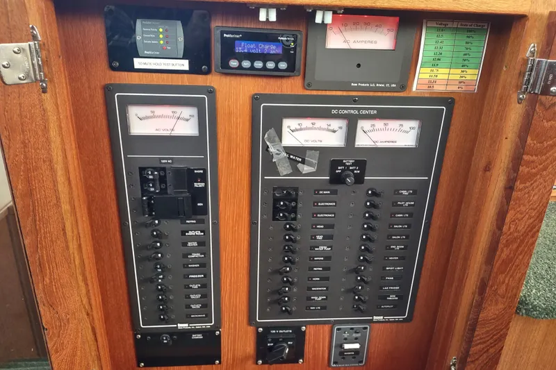 Green Goose Yacht Photos Pics Electrical control panel of a 1998 Nordic Tug 42 boat, featuring AC and DC meters.