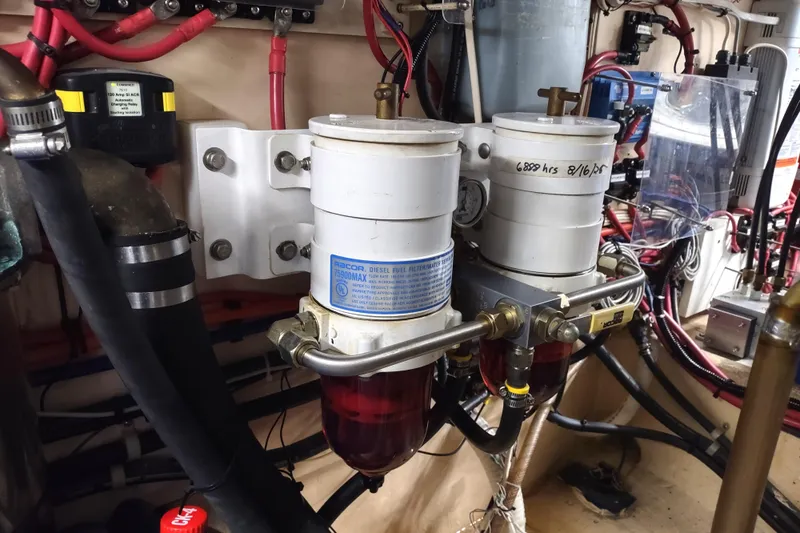 Green Goose Yacht Photos Pics Engine room of 1998 Nordic Tug 42 with dual Racor fuel filters.