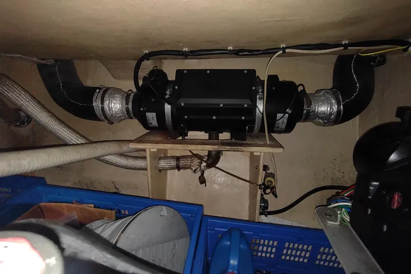 Green Goose Yacht Photos Pics Engine room of a 1998 Nordic Tug 42 with ventilation system and wiring.