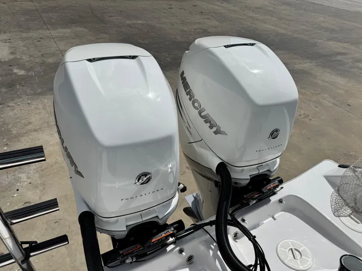  Yacht Photos Pics Twin Mercury outboard engines on a 2022 Cape Horn 32 T boat.
