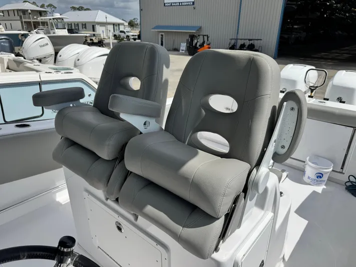  Yacht Photos Pics 2022 Cape Horn 32 T boat seats, gray upholstery, dual armrests, outdoor setting.