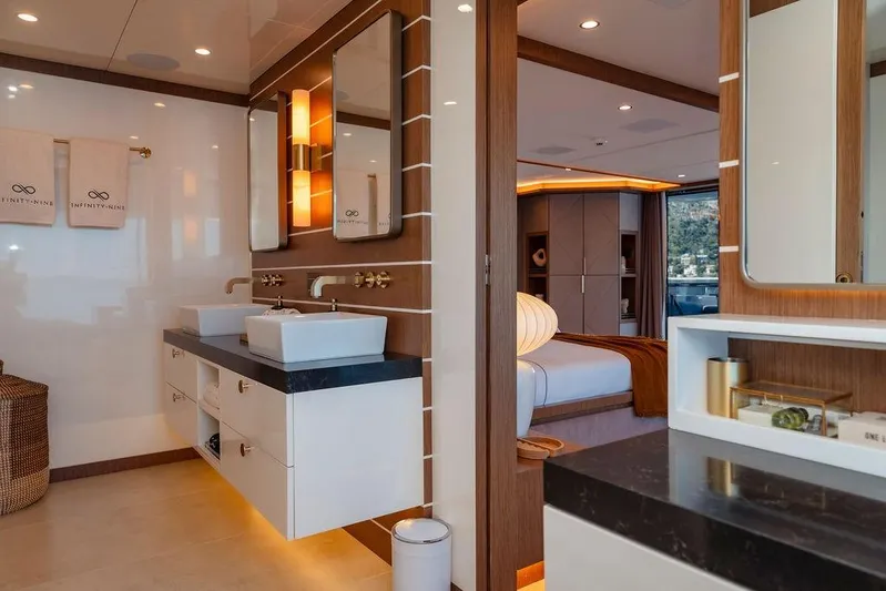 Infinity Nine Yacht Photos Pics Luxurious bathroom and bedroom interior on 2022 AvA Yachts Kando model.