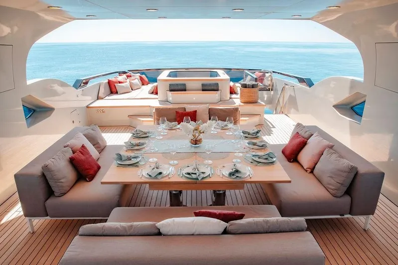 Infinity Nine Yacht Photos Pics Luxurious 2022 AvA Yachts Kando deck with elegant dining setup and ocean view.