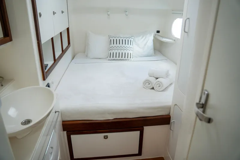  Yacht Photos Pics Cozy cabin interior of 2017 Voyage Yachts VOYAGE 480 with bed and sink.