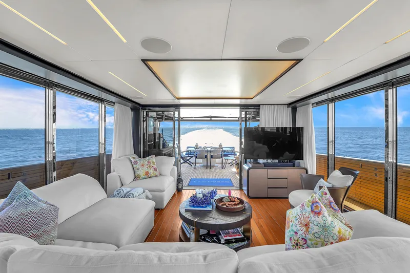  Yacht Photos Pics Luxurious interior of 2021 OKEAN 80 yacht with ocean views and elegant furnishings.