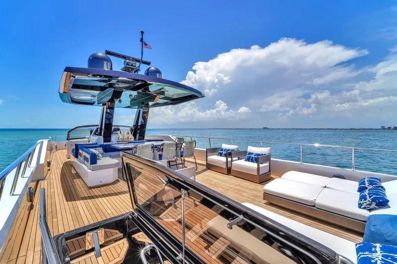  Yacht Photos Pics Luxurious 2021 OKEAN 80 yacht deck with modern seating and ocean view.